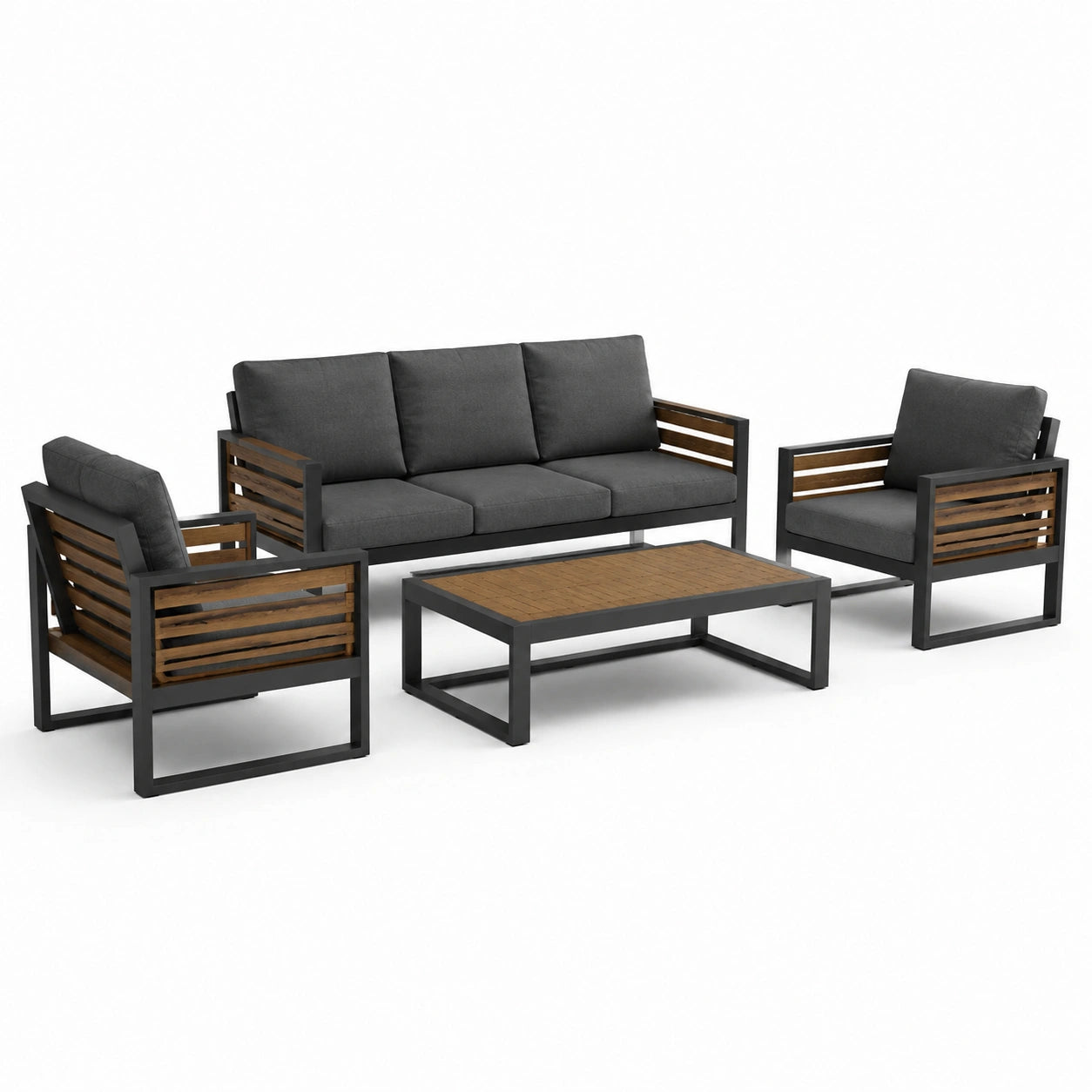Set salotto da giardino in metallo e legno nero e marrone, divano 3 posti, 2 poltrone, tavolino
