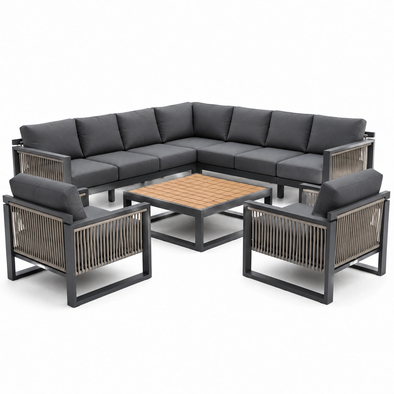 Set da salotto angolare in alluminio con tavolino in teak e cuscini in poliestere grigio
