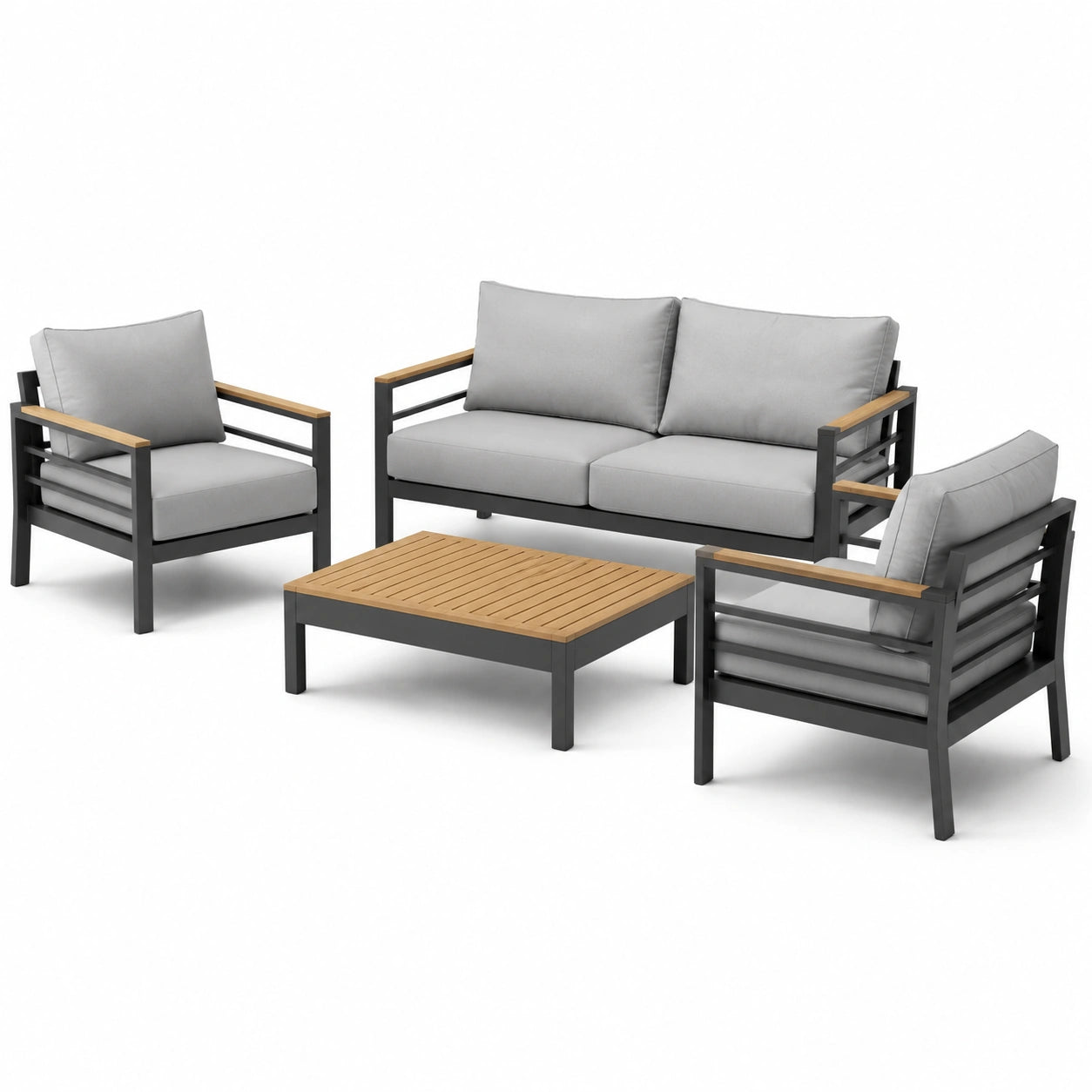 Set da esterno in alluminio e legno con cuscini poliestere grigi