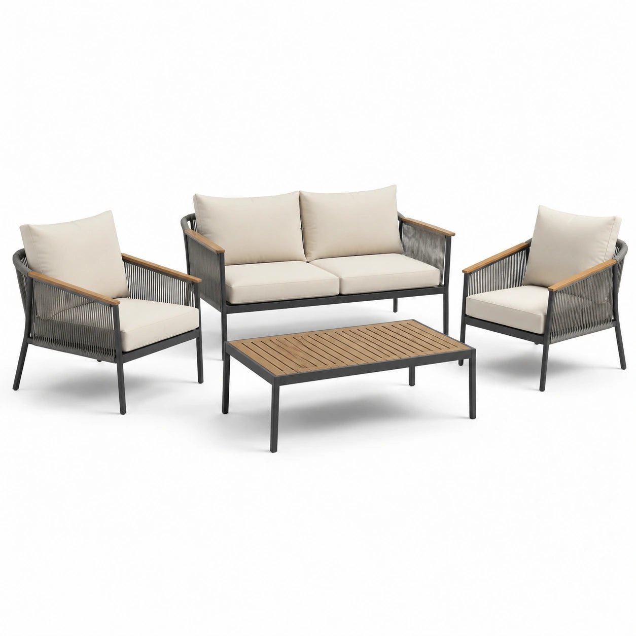 Set salotto da giardino in metallo e legno con cuscini beige
