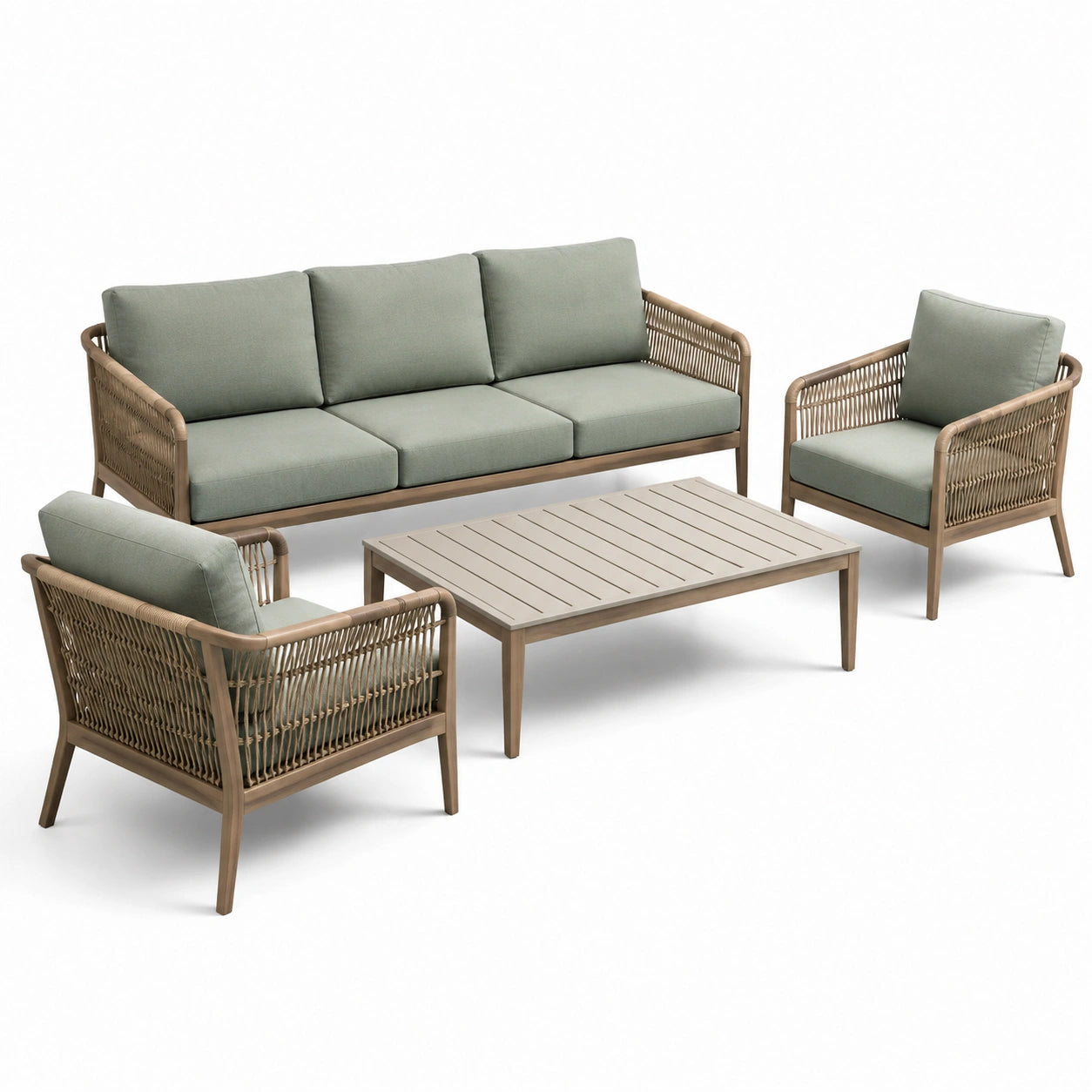 Set salotto da giardino in alluminio e tessuto verde con divano, poltrone e tavolo