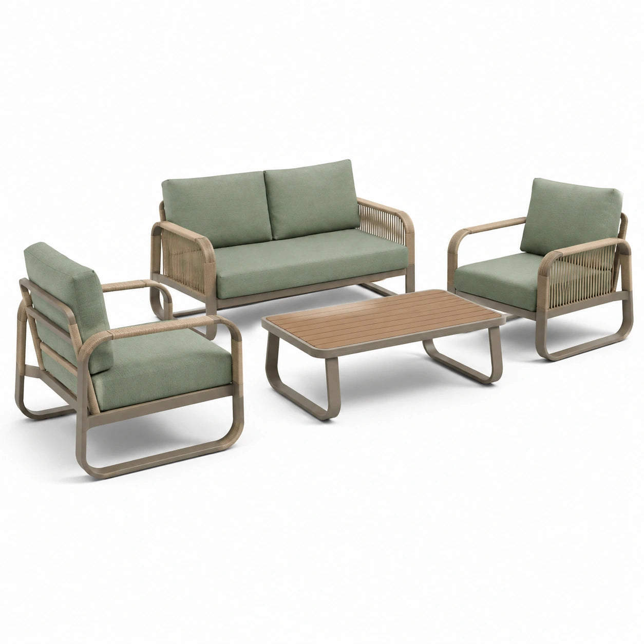 Set di mobili da giardino in alluminio e tessuto verde con tavolino in legno