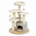 Torre Tiragraffi in Legno per Gatti con Cuccia Beige e Grigia, Rivestita in Peluche e Sisal