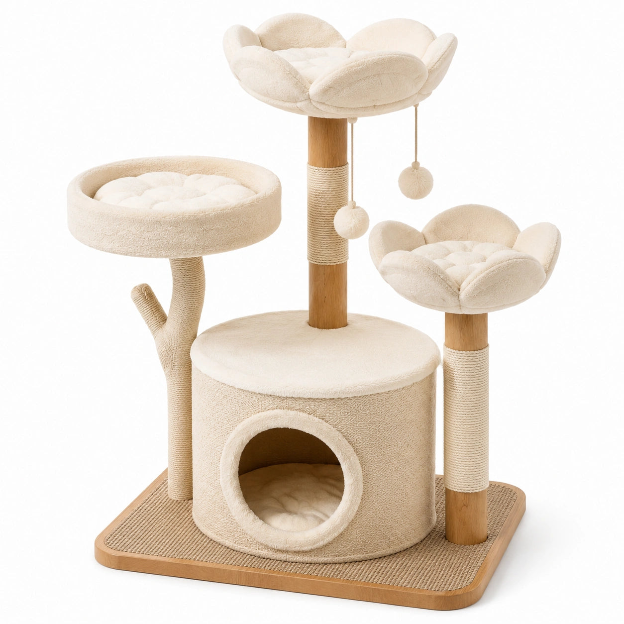 Albero tiragraffi in legno e tessuto beige a forma di fiore