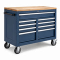 Carrello portautensili in metallo e legno con 9 cassetti blu