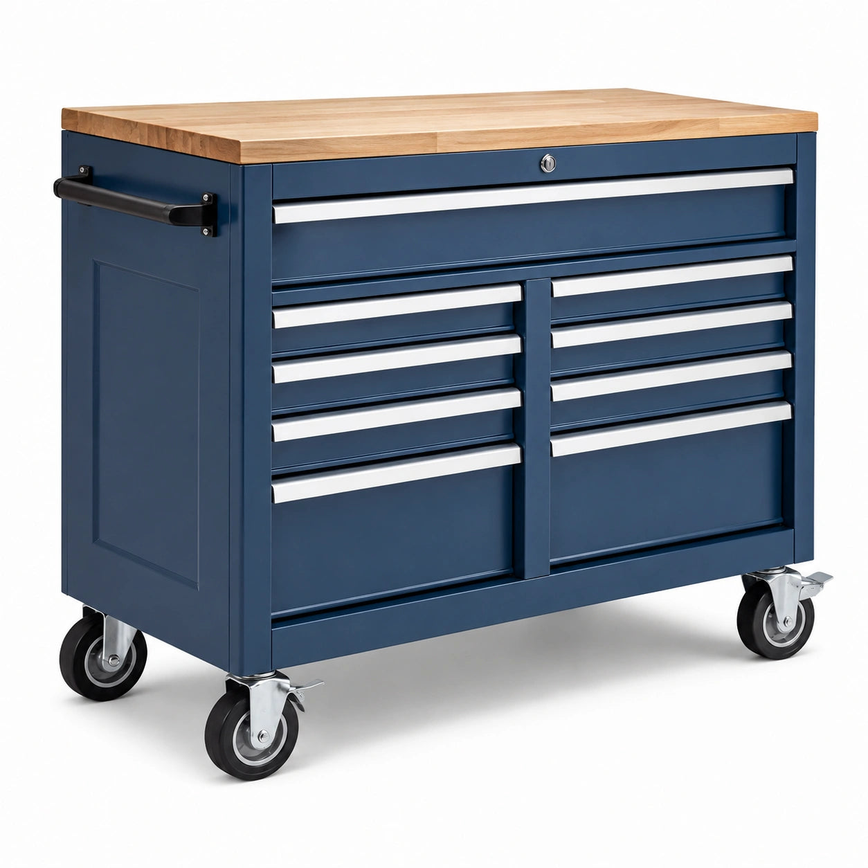 Carrello portautensili in metallo e legno con 9 cassetti blu