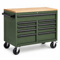 Carrello portautensili in metallo verde con piano in legno di quercia e 8 cassetti