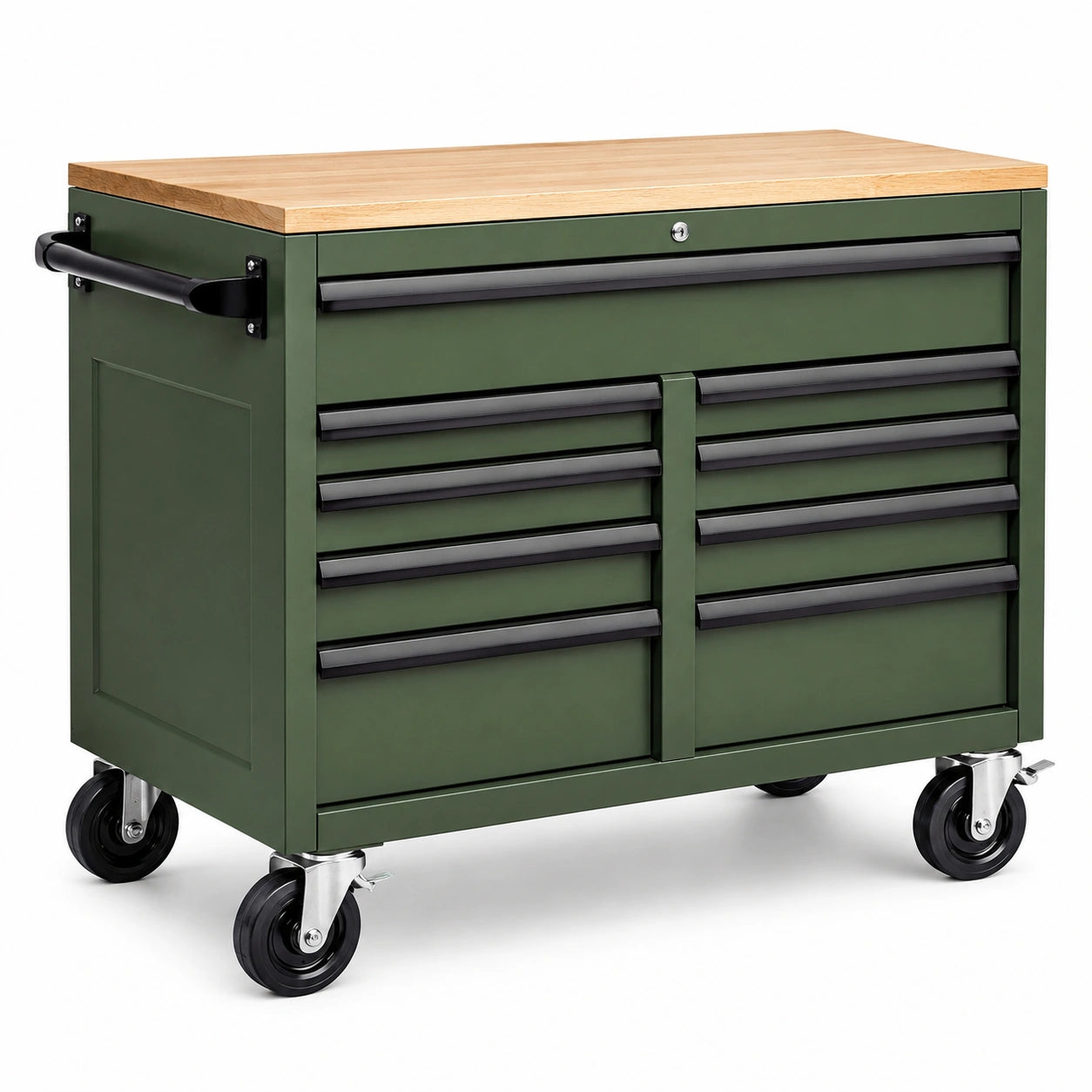 Carrello portautensili in metallo verde con piano in legno di quercia e 8 cassetti