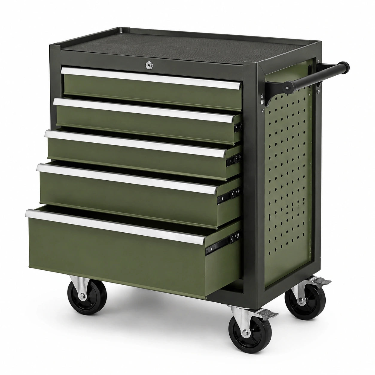 Carrello portautensili in metallo verde con 5 cassetti e ruote