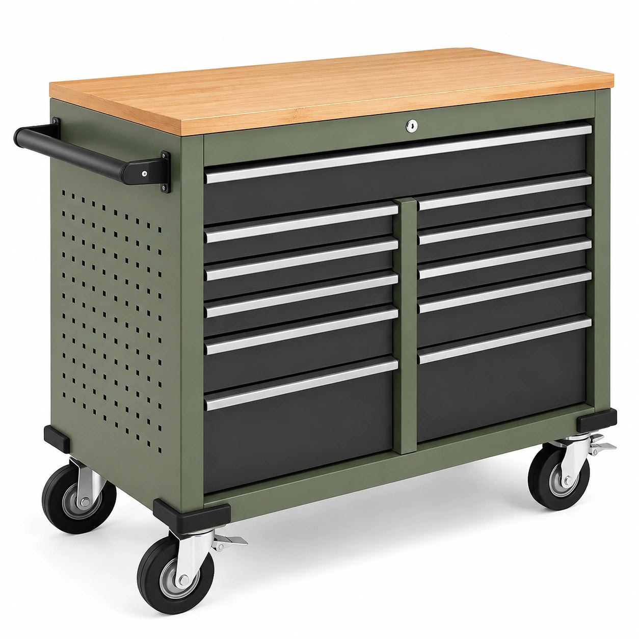 Carrello portautensili in metallo e legno con 10 cassetti verde e nero