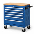 Carrello portautensili blu in metallo con 7 cassetti e piano in legno di quercia