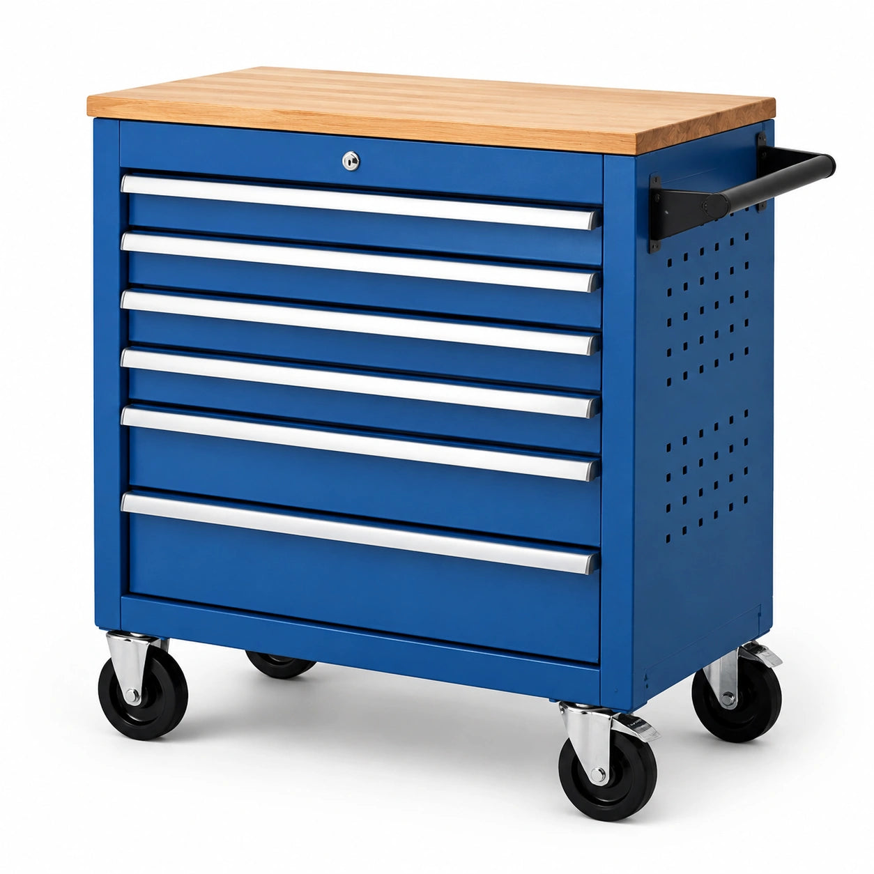 Carrello portautensili blu in metallo con 7 cassetti e piano in legno di quercia