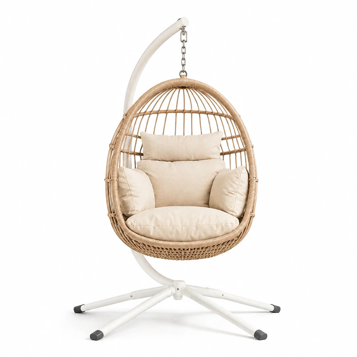 Sedia sospesa in rattan sintetico con cuscini beige e supporto in metallo