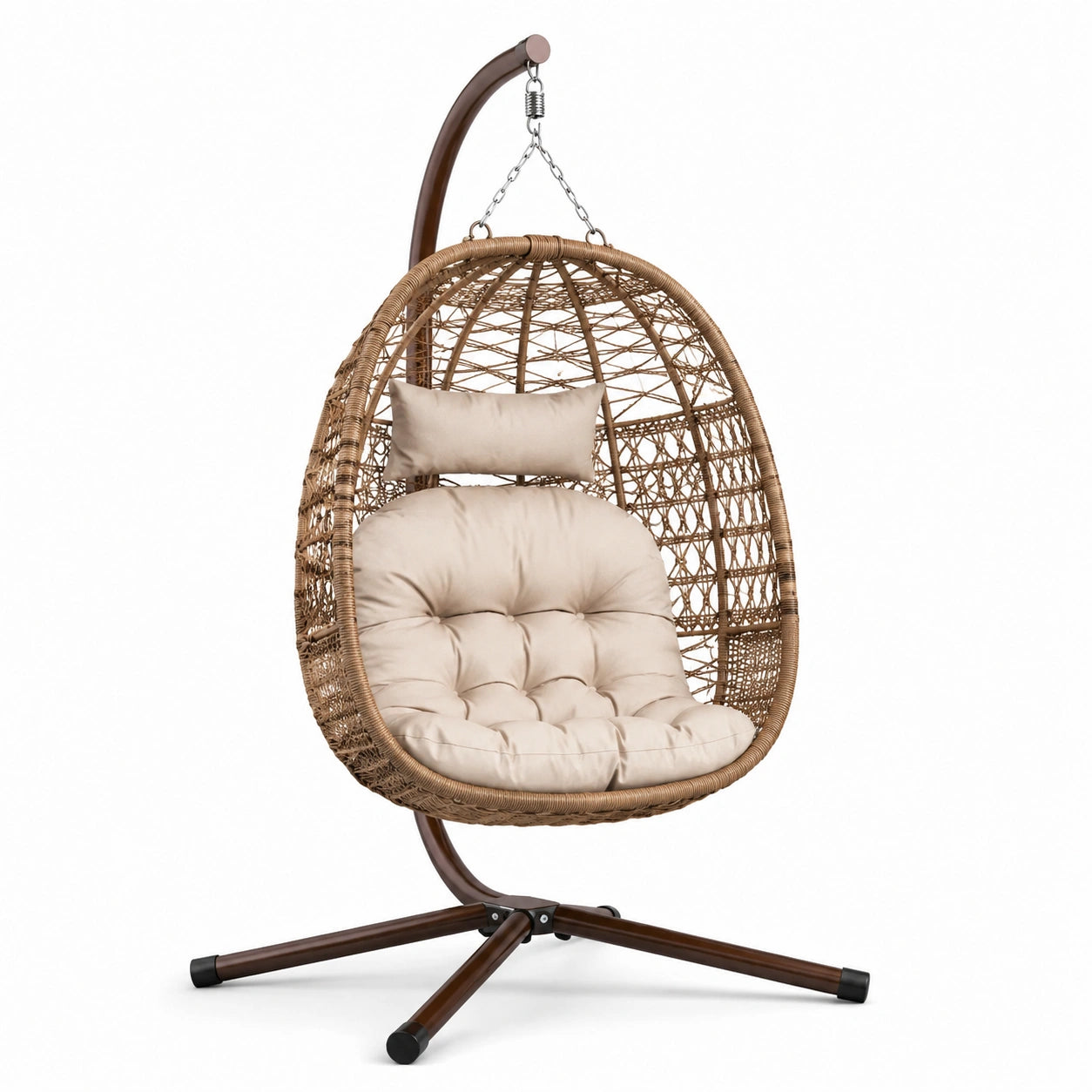 Poltrona sospesa in rattan sintetico marrone con cuscino beige, diametro 100 cm, altezza 195 cm