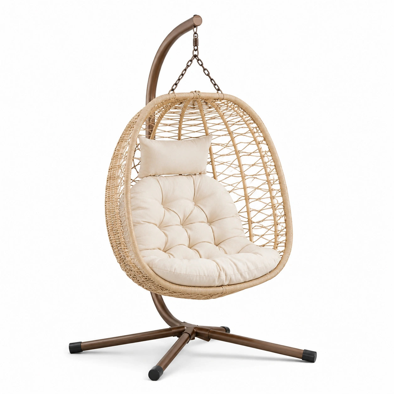 Sedia sospesa in rattan con cuscino beige e base in metallo 195cm