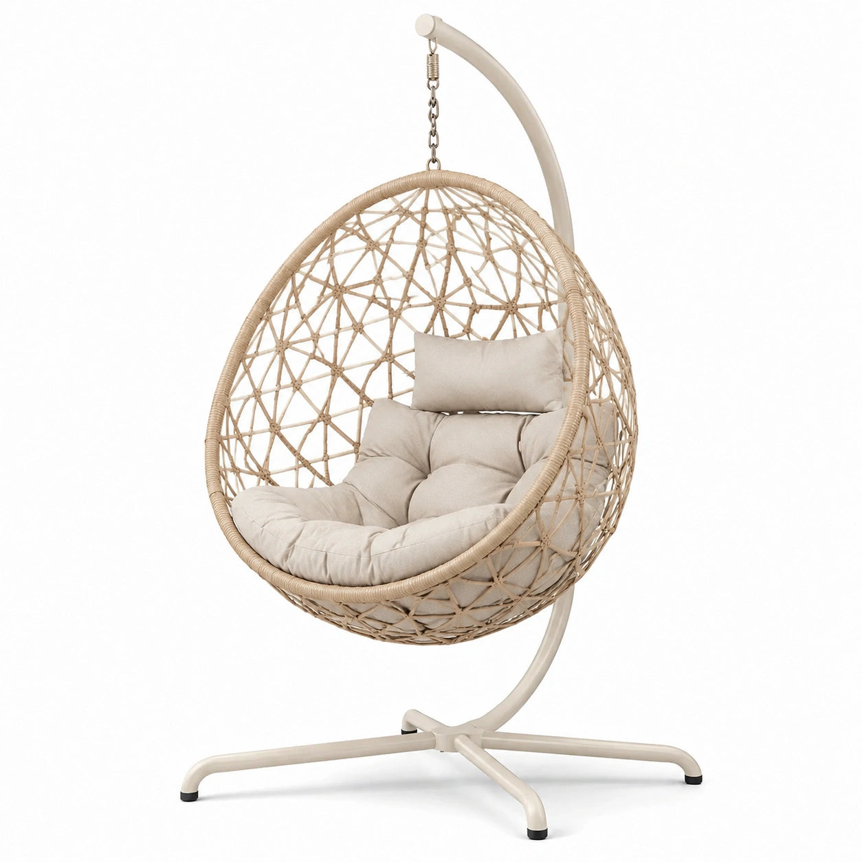 Sedia Sospesa in Rattan Sintetico Beige con Cuscini in Poliestere