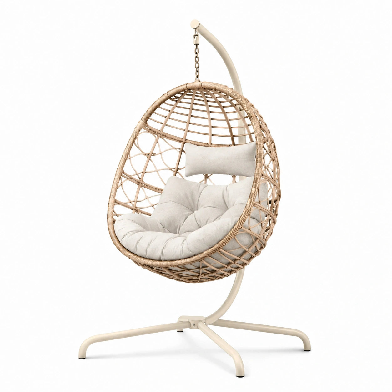Poltrona sospesa in rattan sintetico con cuscino in poliestere beige