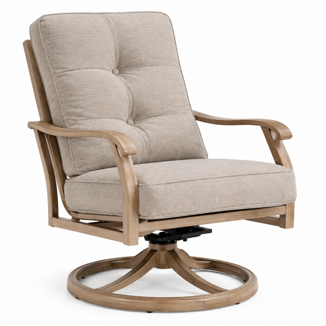 Poltrona girevole in legno con cuscino in tessuto beige