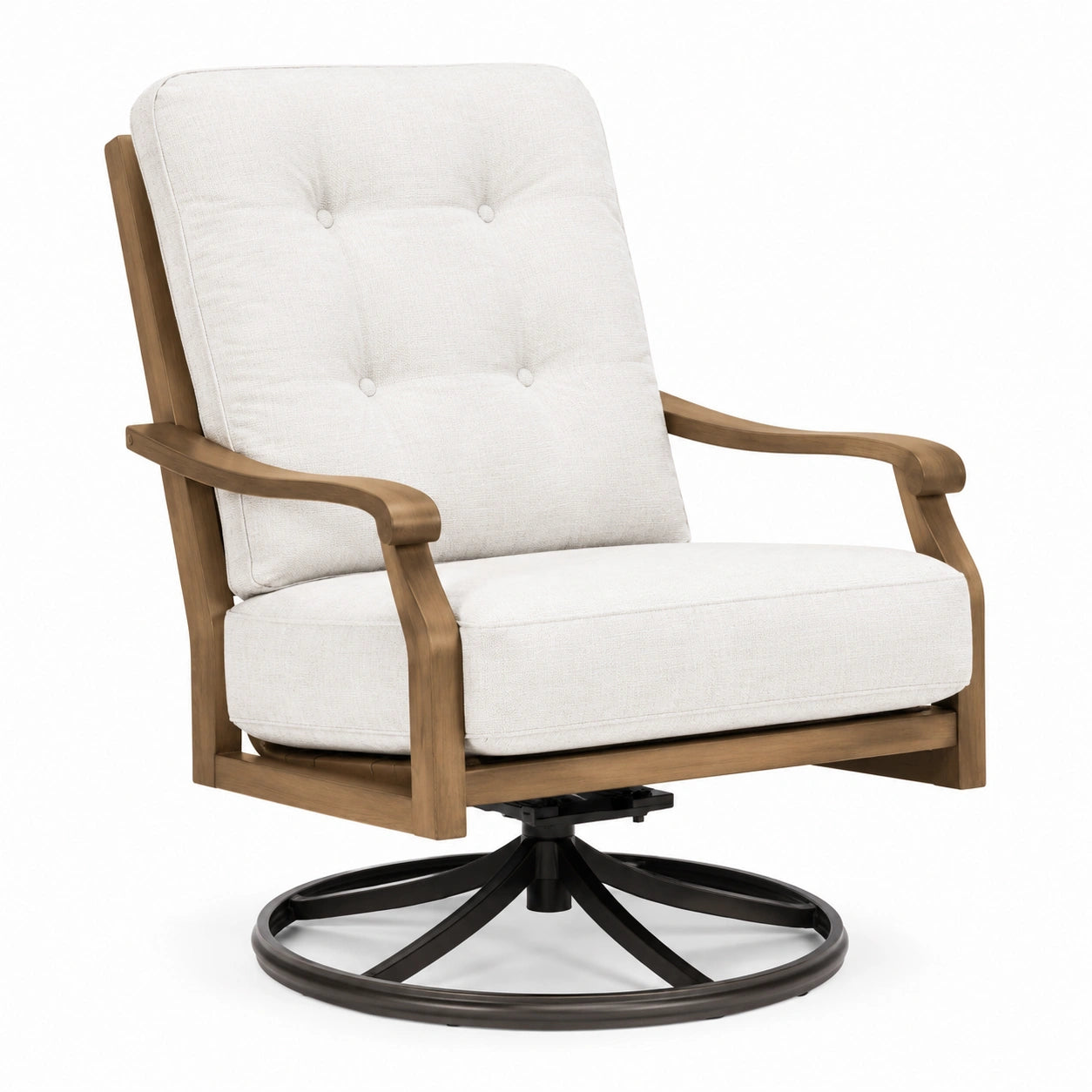 Poltrona girevole in legno e metallo con rivestimento in tessuto beige