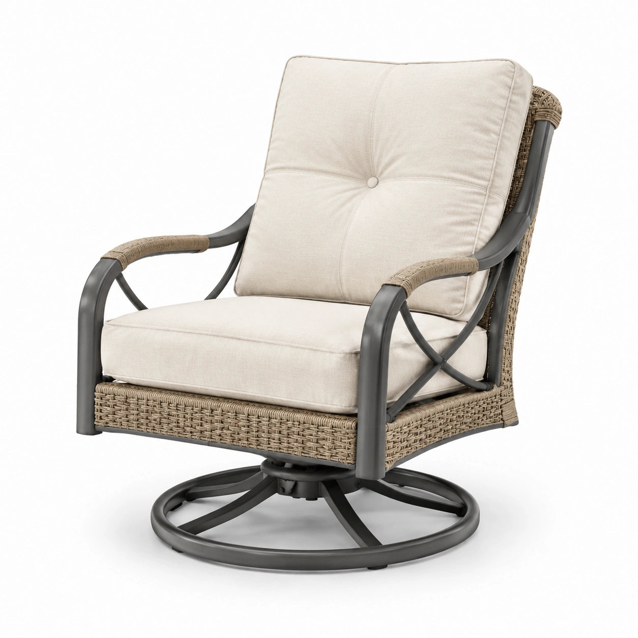 Poltrona girevole in rattan con cuscini in poliestere beige