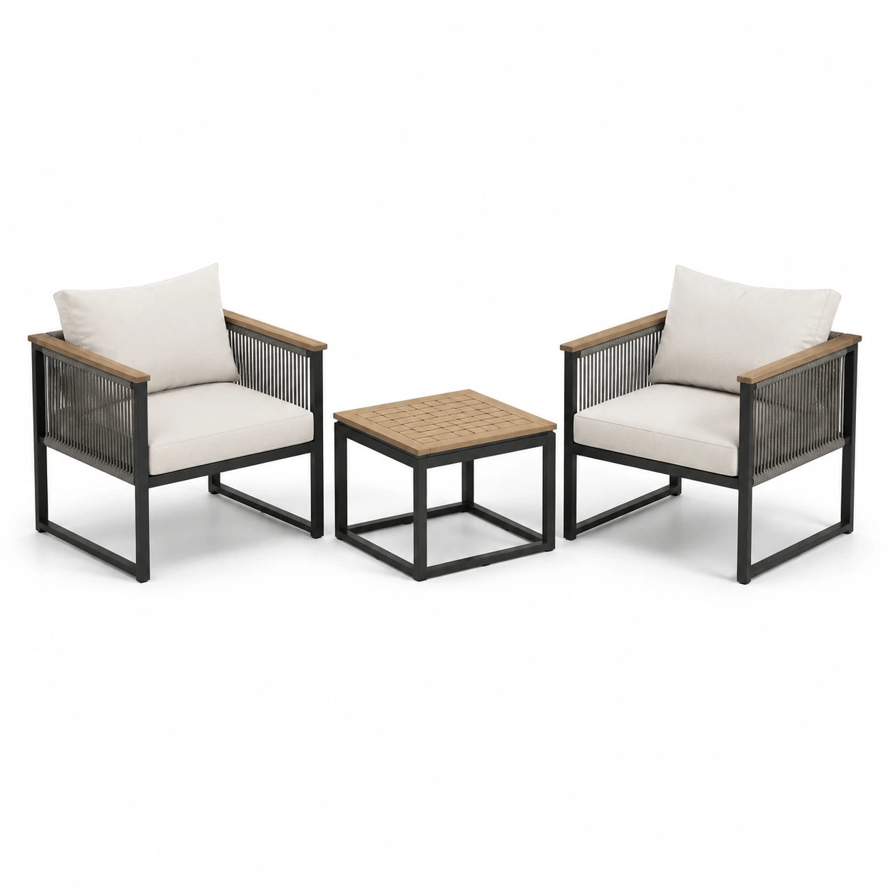 Set da giardino con poltrone e tavolino in metallo e legno nero e beige