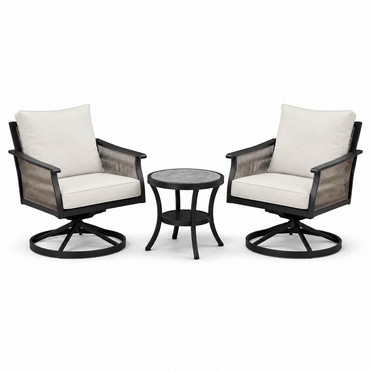 Set da giardino in metallo nero con cuscini chiari